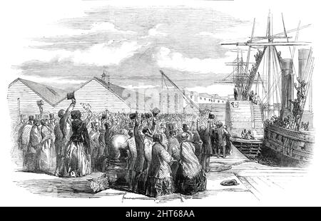 The Landing of Lord Gough at Southampton, 1850. 'The gallant hero of Gwalior and Chillianwallah, accompanied by Lady Gough and suite, arrived at Southampton [from India] on Sunday last, by the Peninsular and Oriental Steam Navigation Company's ship Indus, from Alexandria. The arrival of the ship having become generally known some time before she got into dock, a very large number of spectators assembled to give the noble and gallant Lord a welcome; and when the steamer arrived alongside the platform, his Lordship was very loudly cheered by the populace, an ovation which was courteously acknowl Stock Photo