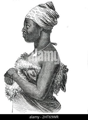 Fingoe Woman, 1850. 'The Fingoe Woman from Algoa Bay was sketched at Port Elizabeth, where a large portion of this tribe is located along the coast as far as Sunday's River. These women are very robust and useful; they are in the habit of carrying passengers on their backs from the surf-boats to the shore. Their vest is composed entirely of sheepskins, sewn together with the woolly part next the skin: the bag behind is used for the purpose of carrying their children in. They invariably wear a necklace composed of bits of wood, metal, beads, &amp;c., tied to a string, which are supposed by thes Stock Photo