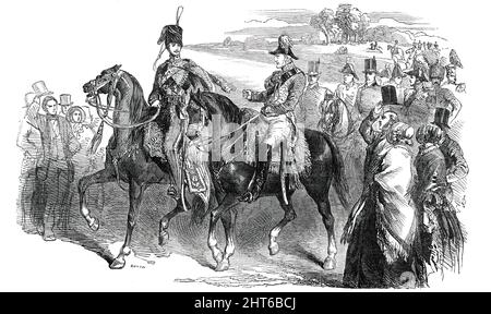 Return of His Royal Highness Prince Albert, and His Grace the Duke of Wellington, from the Review on Wimbledon Common, 1850. '...Field Marshal his Royal Highness Prince Albert reviewed and inspected the 11th Hussars on Wimbledon Common [in London]...in the presence of the Commander-in-Chief, General Viscount Combermere, General Sir Willoughby Gordon...and a very numerous staff...Lieutenant-General Wyndham, the Colonel, and the Earl of Cardigan, the Lieutenant-Colonel and Commanding Officer of the regiment, then accompanied his Royal Highness, the Duke of Wellington, and staff round the line, a Stock Photo