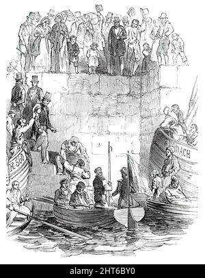 Putting the Mail on Board the &quot;Viceroy&quot;, 1850. Mail sacks being loaded at Galway in Ireland, to be carried across the Atlantic Ocean. 'At twenty minutes past six the express [train] arrived from Dublin, with a considerable mail, and was handed over to the coast-guard boat...'. The sacks were '...towed off towards the ship amidst the acclamations of thousands, and [were] then handed over to the captain, who instantly put his men to the capstan, and at a quarter to ten o'clock the Viceroy was fairly under weigh, amidst the prolonged cheering of the multitudes assembled upon every avail Stock Photo