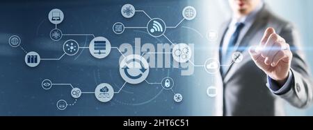 Man clicks on the Update icon. Upgrading concept. Stock Photo