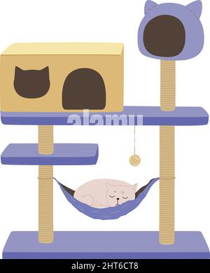 Cat rest in a luxury cat tower. A cat tree with a scratching post, a toy and a house where the kitten sleep. Very peri and golden colors home. Flat vector illustration of pet rooms isolated on white. Stock Vector