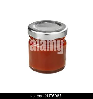 Tomato sauce jar, Glass jar with metal lid isolated on white background with clipping path Stock Photo