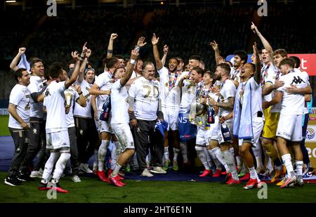 File photo dated 22-07-2020 of Leeds United players celebrate with manager Marcelo Bielsa as they lift the Sky Bet Championship trophy. Leeds have parted company with head coach Marcelo Bielsa, the Premier League club have announced. Issue date: Sunday February 27, 2022. Stock Photo