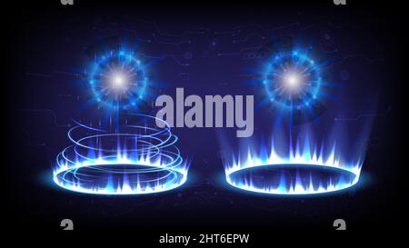 Sci-fi high-technology stage collection in glowing HUD. Showing hologram portal light of science futuristic. Magic warp gate in game fantasy. GUI, UI Stock Vector