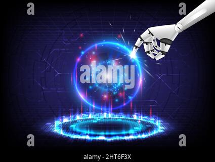 Portal and hologram science futuristic. Sci-fi digital hi-tech in glowing HUD circuit. Magic gate in game fantasy. Circle teleport podium. GUI and UI Stock Vector