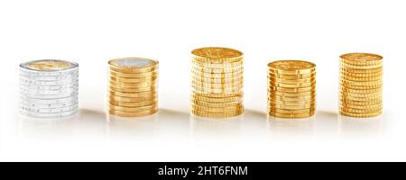 Finances and money with various stacked Euro coins on white background Stock Photo
