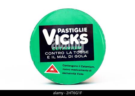 Vintage 1960s VICKS Cetamium Tablets medicine for the treatment of Cough and Sore Throat . VICK CHEMICAL COMPANY – New York, Filadelfia (USA) Stock Photo