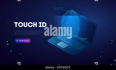 Touch id biometrics. Notebook biometric authentification blue technology background. Stock Vector