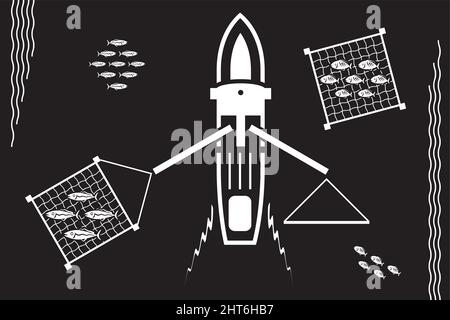 Fishing boat takes baskets of fish in the sea – vector illustration Stock Vector