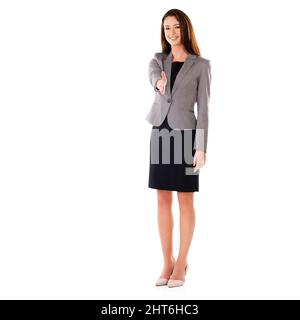 Nice to meet you. Studio shot of a young woman with her hand out to shake isolated on white. Stock Photo