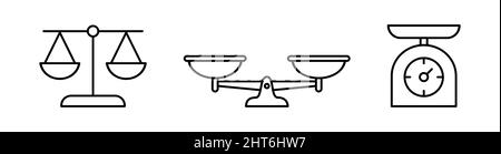 Mechanical scales line icon. Weight measurement tool set. Vintage roman libra. Balance scale. Kitchen pressure measure. Justice and law . Vector Stock Vector