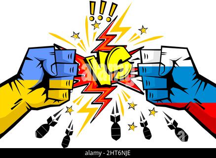 Ukraine VS Russia hands with flags. Ukrainian crisis, war with Russia. Vector Stock Vector