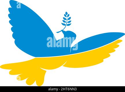 Flying dove in the colors of the national flag of Ukraine holds laurel branch. Peace symbol, no war concept. Vector on transparent background Stock Vector