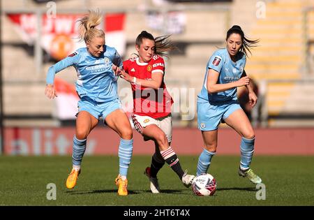 Manchester United's Ella Toone and Manchester City's Alex Greenwood (left) battle for the ball during the Vitality Women's FA Cup fifth round match at Leigh Sports Village, Manchester. Picture date: Sunday February 27, 2022. Stock Photo