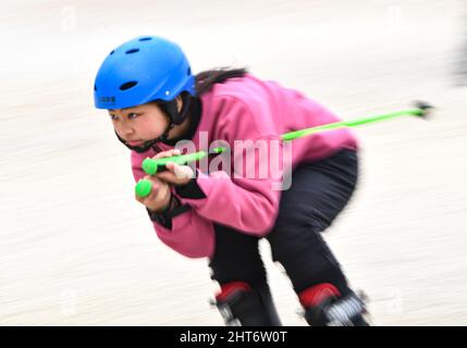 (220227) -- CHENGDU, Feb. 27, 2022 (Xinhua) -- Member of the 'Dieyun' ski team Wang Xinyue practices in a training session at a dry ski training facility in Xindu District of Chengdu, southwest China's Sichuan Province, Feb. 25, 2022. When seeing the boys and girls skiing down the slope, no one will realize they are anything different from other ski-loving youngsters until noticing their coach communicating with them mainly through writing and gesturing.   All of the 15 members of this ski team are students from the special education school in Xindu District of Chengdu, capital city of southwe Stock Photo