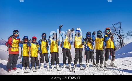 (220227) -- CHENGDU, Feb. 27, 2022 (Xinhua) -- Members of the 'Dieyun' ski team pose for a group photo at a Ski Resort in Maoxian County of Aba Tibetan and Qiang Autonomous Prefecture, southwest China's Sichuan Province, Dec. 24, 2019. When seeing the boys and girls skiing down the slope, no one will realize they are anything different from other ski-loving youngsters until noticing their coach communicating with them mainly through writing and gesturing.   All of the 15 members of this ski team are students from the special education school in Xindu District of Chengdu, capital city of southw Stock Photo