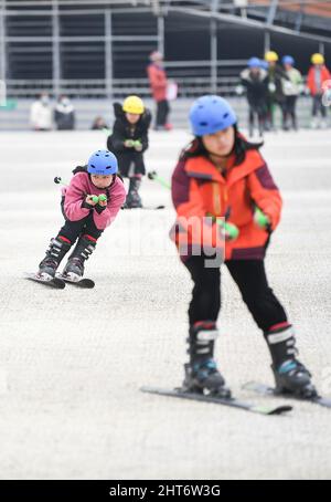 (220227) -- CHENGDU, Feb. 27, 2022 (Xinhua) -- Members of the 'Dieyun' ski team practice in a training session at a dry ski training facility in Xindu District of Chengdu, southwest China's Sichuan Province, Feb. 25, 2022. When seeing the boys and girls skiing down the slope, no one will realize they are anything different from other ski-loving youngsters until noticing their coach communicating with them mainly through writing and gesturing. All of the 15 members of this ski team are students from the special education school in Xindu District of Chengdu, capital city of southwest China's S Stock Photo