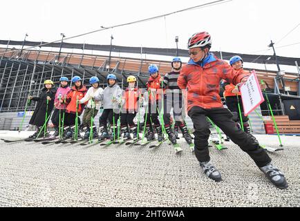 (220227) -- CHENGDU, Feb. 27, 2022 (Xinhua) -- Trainer Cao Jian (front) demonstrates as members of the 'Dieyun' ski team look on at a dry ski training facility in Xindu District of Chengdu, southwest China's Sichuan Province, Feb. 25, 2022. When seeing the boys and girls skiing down the slope, no one will realize they are anything different from other ski-loving youngsters until noticing their coach communicating with them mainly through writing and gesturing.   All of the 15 members of this ski team are students from the special education school in Xindu District of Chengdu, capital city of s Stock Photo