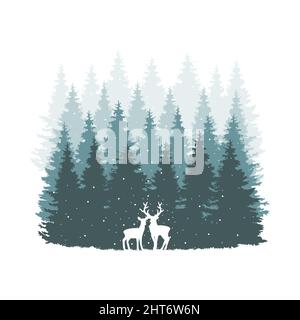 Deer and doe silhouette and pines vector. Pine trees scene or landscape. Stock Vector