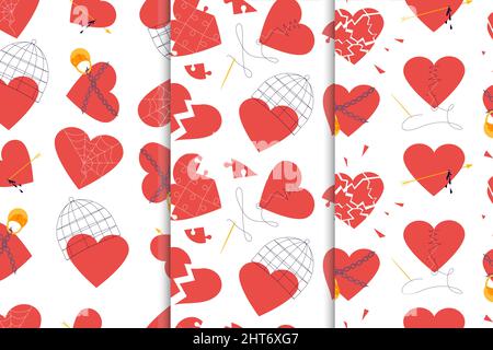 Set of Seamless pattern with Red hearts. Stock Vector