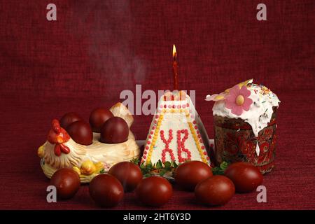 Orthodox Easter, painted eggs and Easter cake. Christian traditions. High quality photo Stock Photo