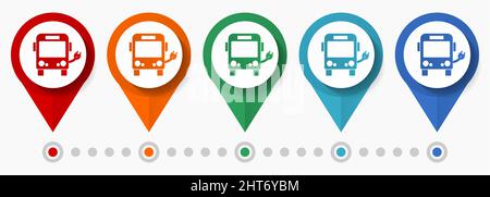 Electric bus concept vector icon set, flat design clean energy transport pointers, infographic template easy to edit Stock Vector