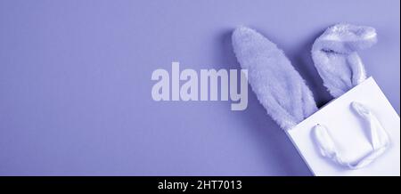 Wide banner on a very peri lavender background. The concept of online shopping for Easter, purchases and sale for the holiday. Gift bag with bunny Stock Photo