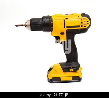 Electric cordless screwdriver drill isolated on white background, professional home repair tool. Stock Photo