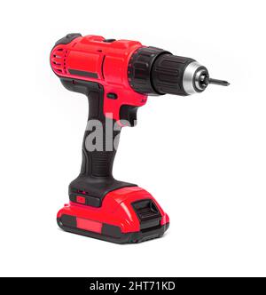 Red electric cordless screwdriver drill isolated on white background, professional home repair tool. Stock Photo
