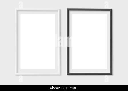 Photo  Black Blank and White Picture Frame, hanging on a Wall from the Front. mockup isolated on transparent background. Graphic style template, clipp Stock Photo