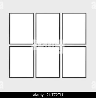 The layout of the frame is 3x4, 30x40. Set of three thin black frames. Gallery wall mockup, set of 6 frames. Clean, modern, minimalistic, bright. Port Stock Photo