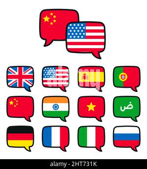 Languages speech bubble icons. Vector country flags set in cartoon style. Translation, communication and international dialogue. Stock Vector