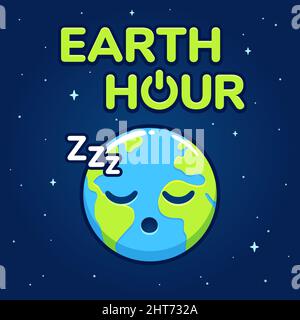 Earth hour banner design with cute cartoon planet Earth sleeping. Vector clip art illustration. Stock Vector