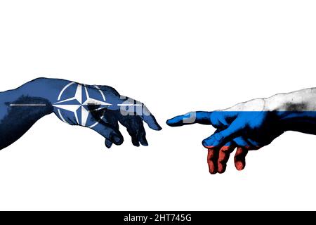 Nato and Russia , creation of Adam , Michelangelo's , war background concept Stock Photo