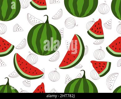 Watermelons seamless pattern. Whole fruits and slices, summer organic and natural products. Repeating image for printing on fabric and present wrappin Stock Vector
