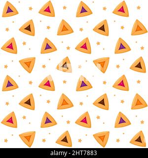 Seamless pattern of cartoon Hamantash with different fillings. Hamantashen are traditional pastry for Jewish holiday Purim. Vector backround illustrat Stock Vector