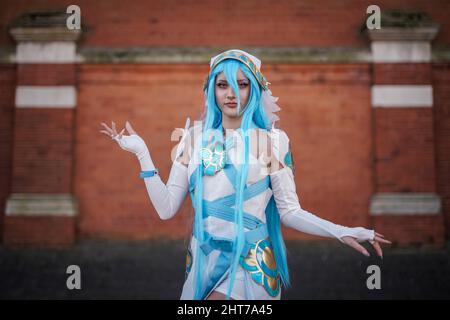 London, UK. 27th Feb, 2022. Dedicated cos-players arrive for day two of London Comic Con spring convention at Olympia London venue. Credit: Guy Corbishley/Alamy Live News Stock Photo