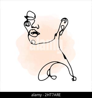 Women face in one line art style. Watercolor pink spots on the background. Vector hand drawn illustration. Stock Vector