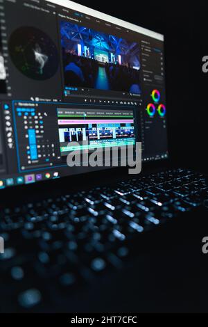 Vertical shot of a video editing process on a computer screen Stock Photo