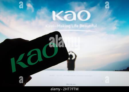 Rheinbach, Germany  27 February 2022,  The brand logo of the Japanese chemical and cosmetics company 'Kao' on the display of a smartphone Stock Photo