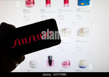 Rheinbach, Germany  27 February 2022,  The brand logo of the Japanese company 'Shiseido' on the display of a smartphone in front of the website (focus Stock Photo