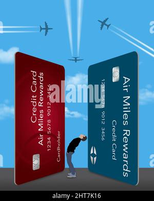 A man bends backwards and looks up at giant air miles rewards credit cards and airliner flying overhead in this 3-d illustration. Stock Photo