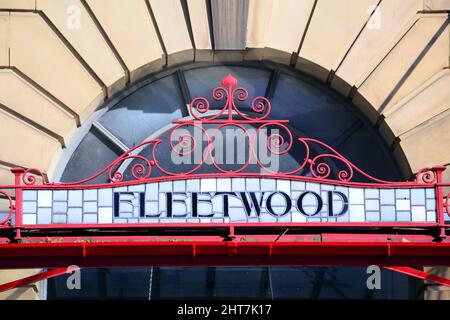 Fleetwood: detail over the entrance to Victoria Train Station, Manchester, UK, one of many names of towns one can travel to from that station Stock Photo