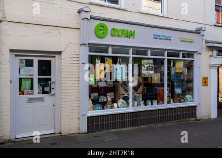 Woodbridge Suffolk UK February 25 2022: Exterior of an Oxfam charity shop, it is a independent charitable organization focusing on the alleviation of Stock Photo