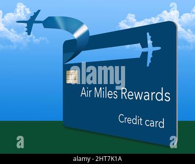 The design of an airliner on an air miles rewards credit card seems to peel off the card and fly away in this 3-D illustration of cards that offer tra Stock Photo