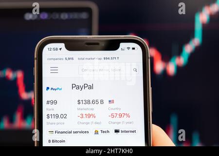 PayPal stock price on the screen of cell phone in mans hand with changing stock market exchange with trading candlestick graph analysis, February 2022, San Francisco, USA Stock Photo