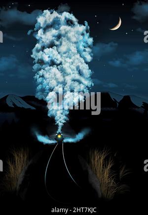 An old fashioned steam locomotive is seen steaming down the tracks at night under the stars in a 3-d illustration. Stock Photo
