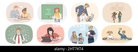 Set of small children study in offline school prepare task. Collection of happy small kids enjoy education process. Online studying and learning on computer. Flat vector illustration.  Stock Vector