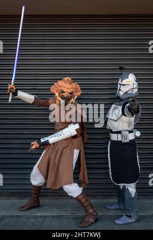 London, UK.  27 February 2022.  People dressed as their favourite Star Wars characters arrive at London Comic Con Spring held in Kensington Olympia.  The festival celebrates comics, film and TV.  Credit: Stephen Chung / Alamy Live News Stock Photo